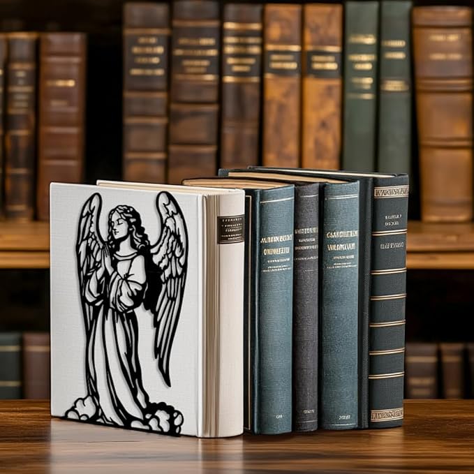 Peacoblue Metal Bookends for Shelves, Modern Decorative Heavy Duty Study Book Support Stoppers for Office, Desk, Shelf, Room 5.3"x4.3"x7.9" Cast Iron Simple Tall Bookends, 1 Pair (Angel)