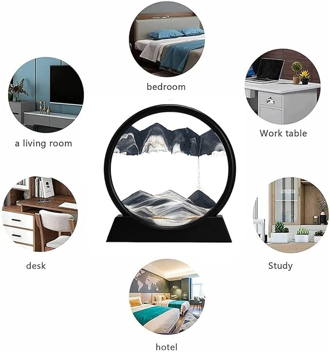 rysnwsu 3D Dynamic Sand Art Liquid Motion, Moving Sand Art Picture Round Glass 3D Deep Sea Sandscape in Motion Display Flowing Sand Painting Relaxing Desk Toys (Black, 12'')