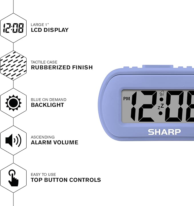 Sharp Digital Alarm Clock – Tactile Case with Soft Rubberized Finish - Battery Operated – Blue Backlight on Demand – Ascending Alarm – Easy to Use – Lavender
