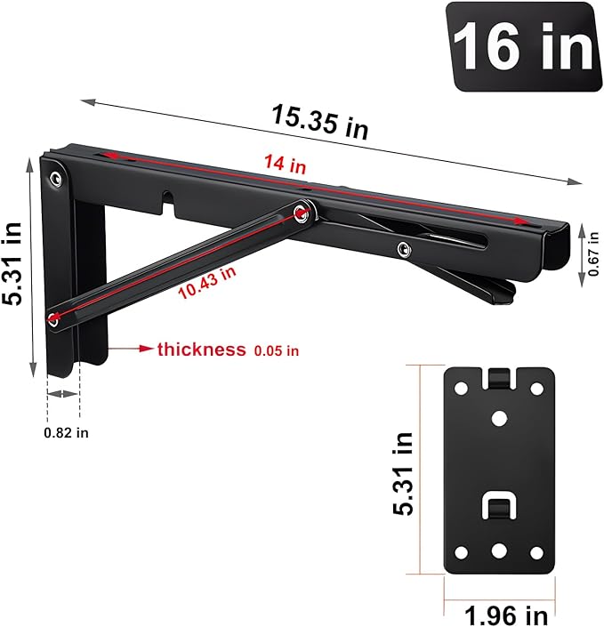 Folding Shelf Brackets，Detachable Folding Bracket，2 Pack Heavy Duty Wall Mounted Folding Brackets， DIY L Detachable Folding Bracket for Workbench Folding Table Hinge (16 Inch)