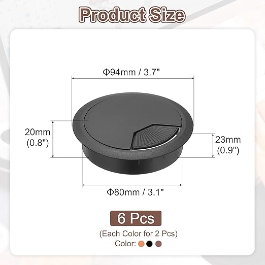 PATIKIL 3.1 Inch/80mm Desk Grommet, 6Pcs Cable Grommet Wire Management Cable Hole Cover Cord Organizer for Office Home Table Countertop, Brown/Yellow/Black