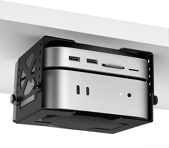 Adjustable Under Desk Mini PC Mount, 6-Level Height (1.7" to 3.3"), Width Adjustable Metal CPU Holder for Mac mini M4, Small PCs, Universal Adjustable Mount, Space Saving