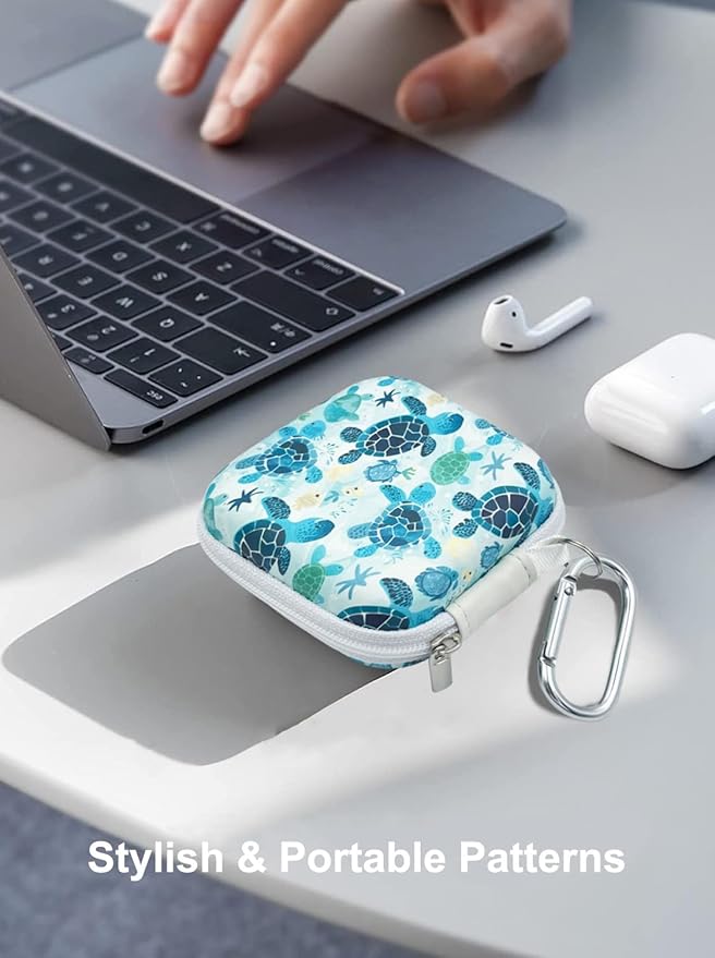 Earbud Case Headphone Organizer Ear Bud Case Portable EVA Carrying Box Storage Bag with Carabiner for AirPods Beats Bose Galaxy Buds 4/3/FE Data Cable Storage (Green Turtle)