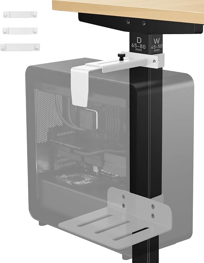 TOPSKY Adjustable Under-Desk PC Mount, No-Drill Computer CPU Holder for Standing Desks, Supports up to 50 lbs, Easy Installation, Compatible with Most Standing Desks（White）