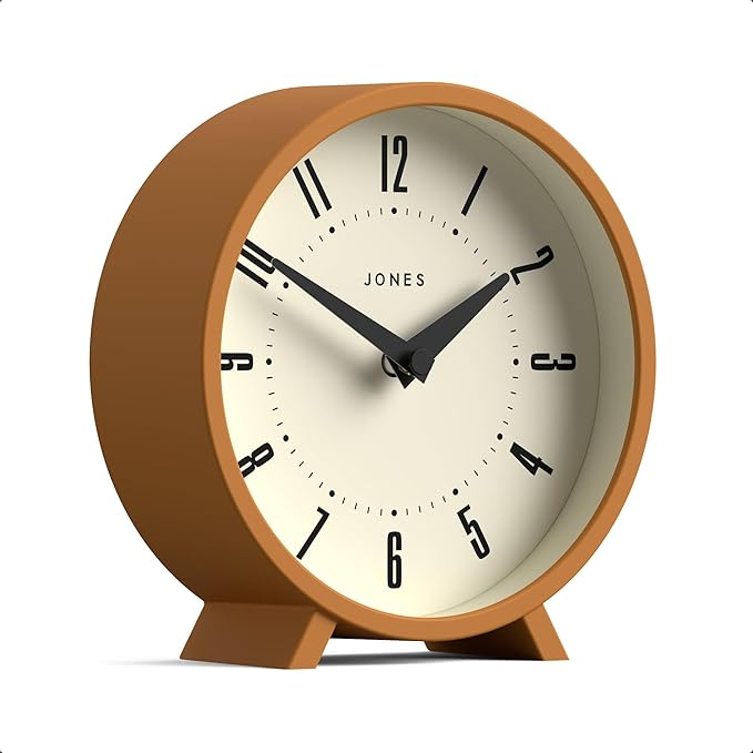 JONES CLOCKS® Venus Desk Clock | Modern Round Design | Mustard Yellow | Stylish Retro Look for Shelf, Table, Mantel or Bedside