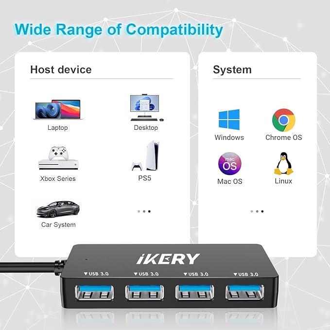 4-Port USB 3.0 Hub, 5Gbps High Speed Data Transfer USB Hub, Portable Multiporter Extension with 1ft Extended Cable, Compatible for Laptop, PC, MacBook, Windows Computers and More