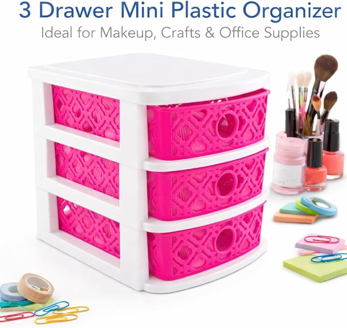 3 Drawer Basket Weave Mini Plastic Organizer Makeup HBA Cosmetics Arts & Crafts Desktop Stationary (Dark Pink)