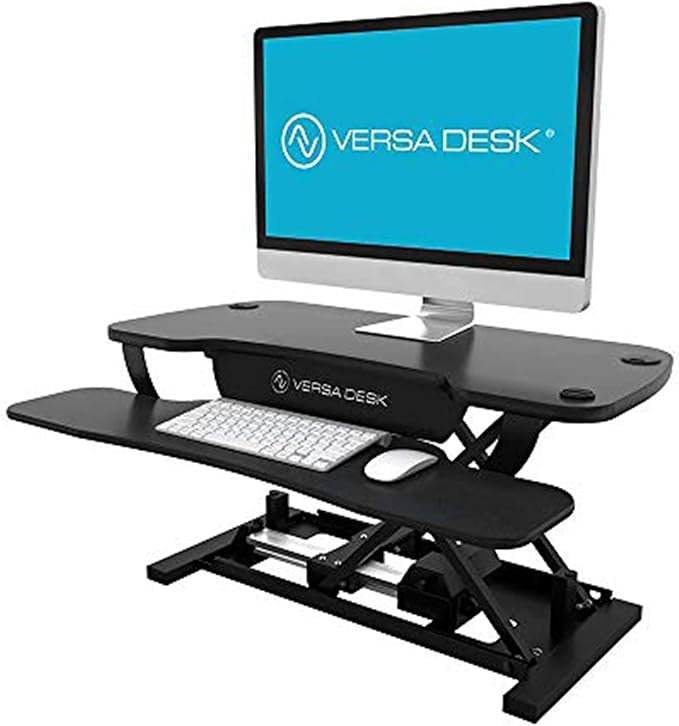 VERSADESK® PowerPro™ 40" Electric Standing Desk Converter - Adjustable Height Desktop Riser with USB Charging Outlet & Detachable Keyboard Tray - Holds 80 lbs Large & Small Items | Black