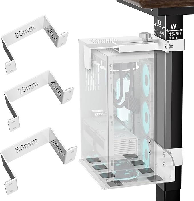 Under Desk PC Mount - No Drilling 40 lb Capacity, Fits 3 Fixed Desk Leg Sizes, CPU Holder Under Desk, Adjustable Clamp-on Desk Leg PC Mount for Standing Desk, with Non-Slip Pads, White