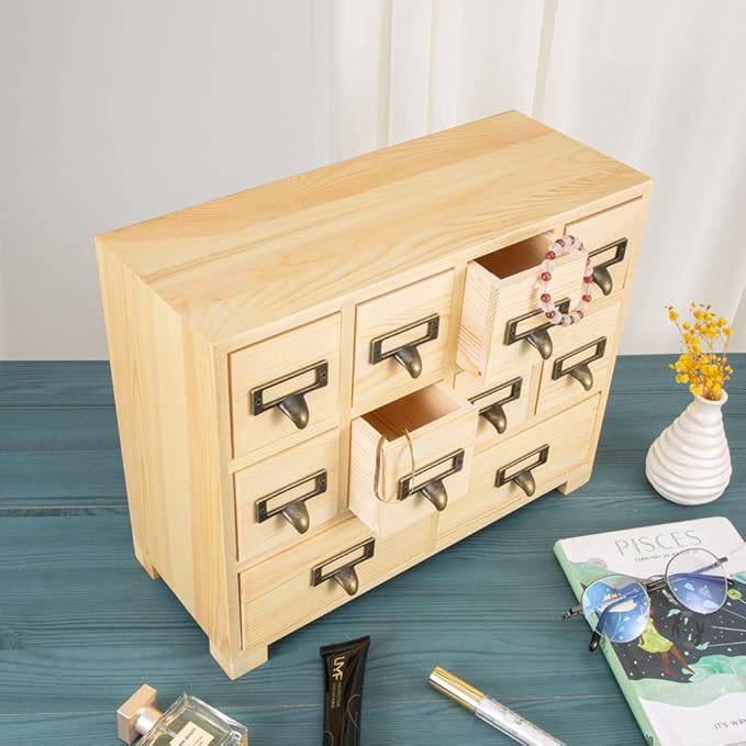 Apothecary Cabinet with 10 Drawers & Labels Rustic Library Card Catalog Cabinet Desktop Wooden Storage Box for Organize Herbal、Tea Bag、Jewelry (Wood)