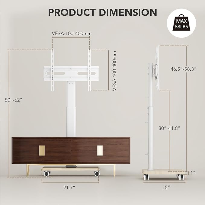 AX WABER Mobile TV Stand for 27 to 65 Inch TVs,Portable Rolling TV Cart on Wheels, Tall Universal Floor Stands with Swivel Mount, Height Adjustable Sleeking Standing Mount Fit Corner, Bedroom, Outdoor