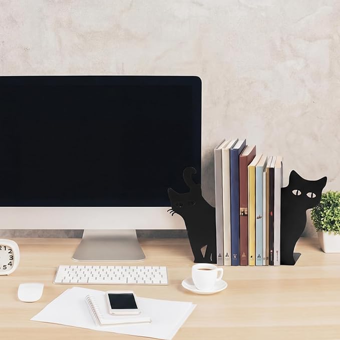 Flutesan 6pcs Black Cat Metal Bookends Cute Cats Bookends for Shelves, Bookshelf Decorative Home Office Desk, Bookstore, Bookshelf Decor Cat and Reading Lovers Gift