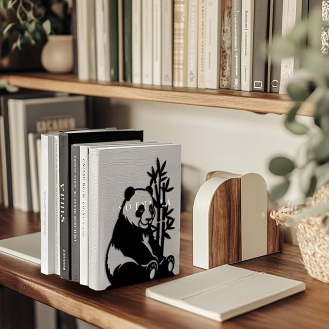 Peacoblue Metal Bookends for Shelves, Modern Decorative Heavy Duty Study Book Support Stoppers for Office, Desk, Shelf, Room 5.3"x4.3"x7.5" Cast Iron Simple Tall Bookends, 1 Pair (Panda and Bamboo)