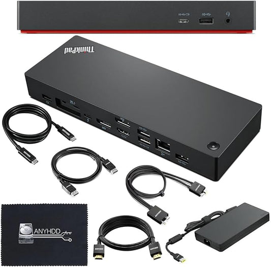 40B00300US Lenovo Docking Station USB C Bundle - 1 Year Warranty, Supports 4K Display, Thunderbolt 4 Dock with 300W Adapter, Anyhdd HDMI, DisplayPort, Thunderbolt Cables & Cloth