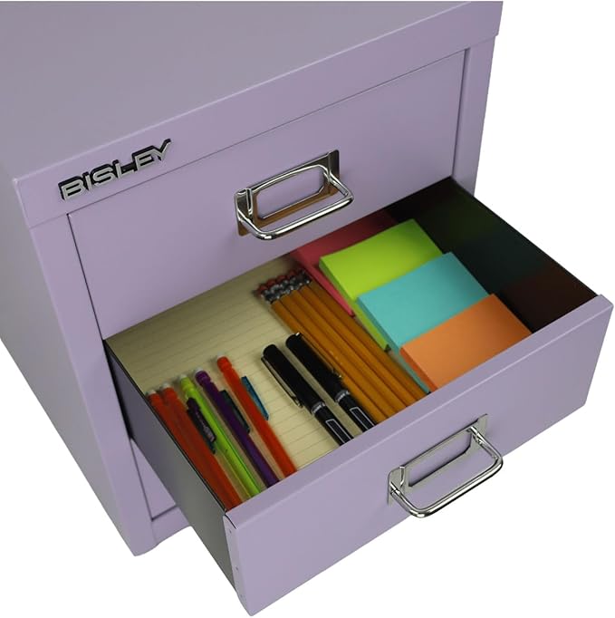 Bisley 3-Drawer Steel MultiDrawer Cabinet - Lilac, Chrome Pull Handles with Label Holders, Powder-Coated Steel, Removable Drawers, Desktop Storage, Labels Included