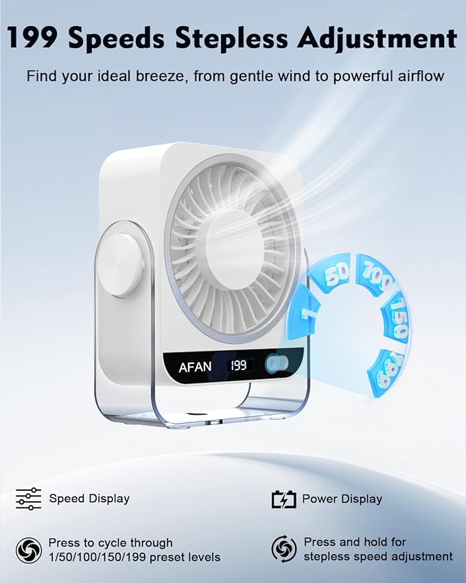Rechargeable Desk Fan: Small Battery Operated Fan 5000mAh, 199 Speeds Digital Display, 120° Tilt Adjustable, 6.6" Quiet Table Top Fans for Bedroom Home Dorm Office Travel, Beige