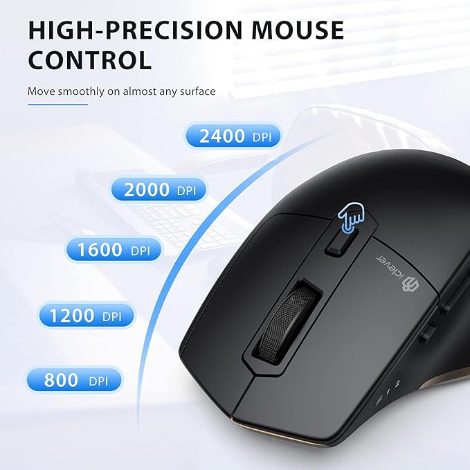 iClever Wireless Mouse with Bluetooth or USB Receiver, 5 Adjustable 2400DPI Rechargeable Computer Mice, Wireless Mouse for Laptop, iPad, MacBook, Tablet, PC