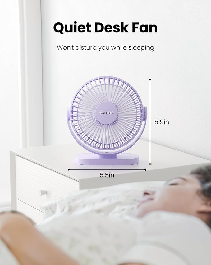 Gaiatop USB Desk Fan, 5.5 Inch Small Quiet Powerful 3 Speeds 90° Rotate, Personal Mini Portable Desktop Table Fans, Cooling for Home Office Car Travel Indoor Outdoor Purple