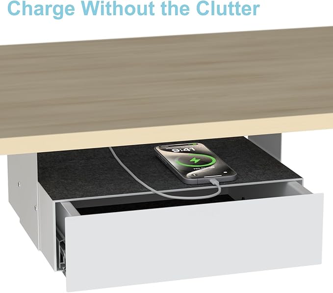 Under Desk Lockable Drawer, Heavy-Duty Pull-Out Storage Organizer with Full-Extension Ball-Bearing Slides, Carbon Steel Undermount Drawer for Home Office & Standing Desk, 13.8 Inch, White