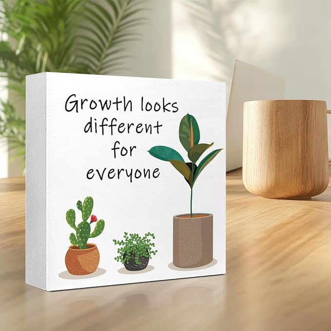 LVQHI Growth Looks Different for Everyone Inspirational Wood Block Sign, Motivational Plant Theme Wooden Desk Decor for Home Bedroom Office, Cheer Up Gift for Friend Coworker Women