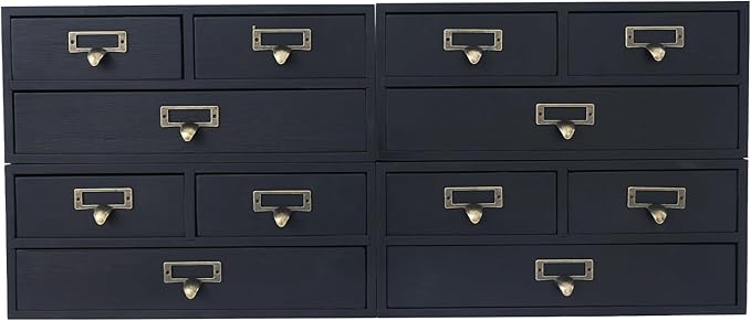 12 Drawers Apothecary Cabinet, 4-Pack Wood Tabletop Medicine Cabinet, Vintage Desktop Drawer Library Card Catalog Cabinet Wooden Chest Drawer Organizer for Tea Herbs Jewelry Stationery (Black)