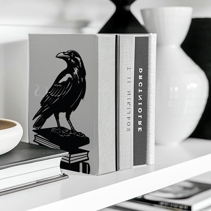 Peacoblue Metal Bookends for Shelves, Modern Decorative Heavy Duty Study Book Support Stoppers for Office, Desk, Shelf, Room 5.3"x4.3"x7.9" Cast Iron Simple Tall Bookends, 1 Pair (Crow on Book Stack)