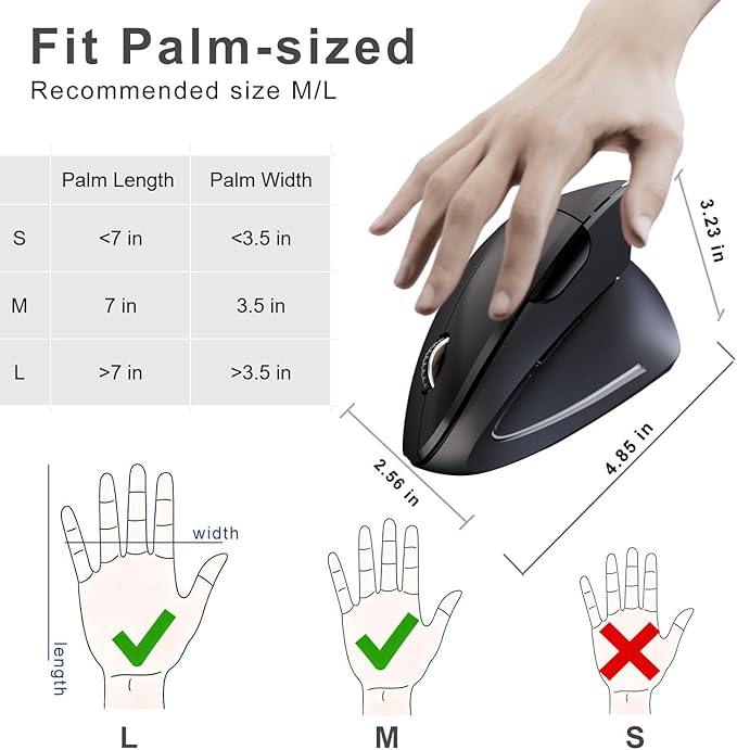 Wireless Ergonomic Mouse,2.4G USB Wireless Vertical Mouse,Adjustable DPI(800/1200/1600),Quiet Clicks,6 Buttons for Laptop,PC,Mac,Desktop – Black