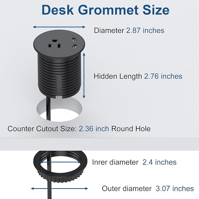 Desk Power Grommet, Haylink Recessed Power Strip with AC Outlet & 2X PD 20W USB C | 6.56FT Cable | 2.36"(60mm) Cut Hole| for Modern Desk, Kitchen Island & Workshop, Black