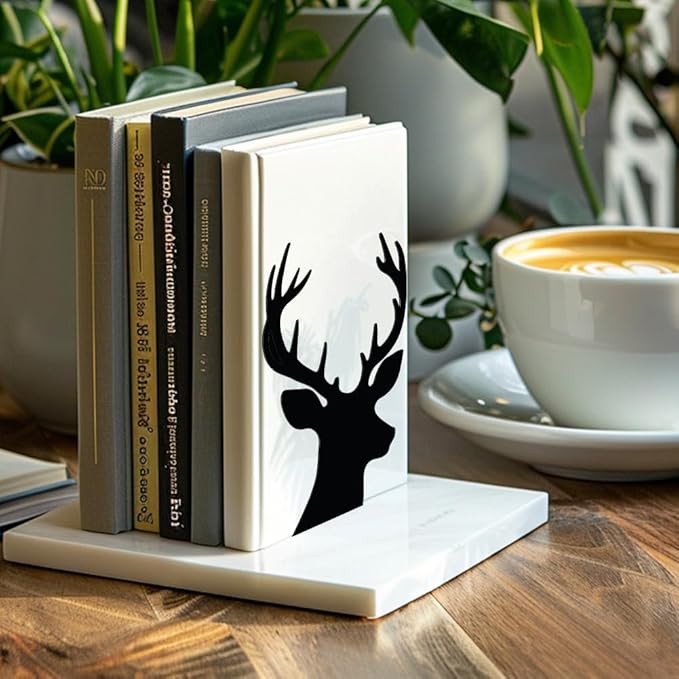 Peacoblue Metal Bookends for Shelves, Modern Decorative Heavy Duty Study Book Support Stoppers for Office, Desk, Shelf, Room 5.3"x4.3"x7.9" Cast Iron Simple Tall Bookends, 1 Pair (Deer Head)