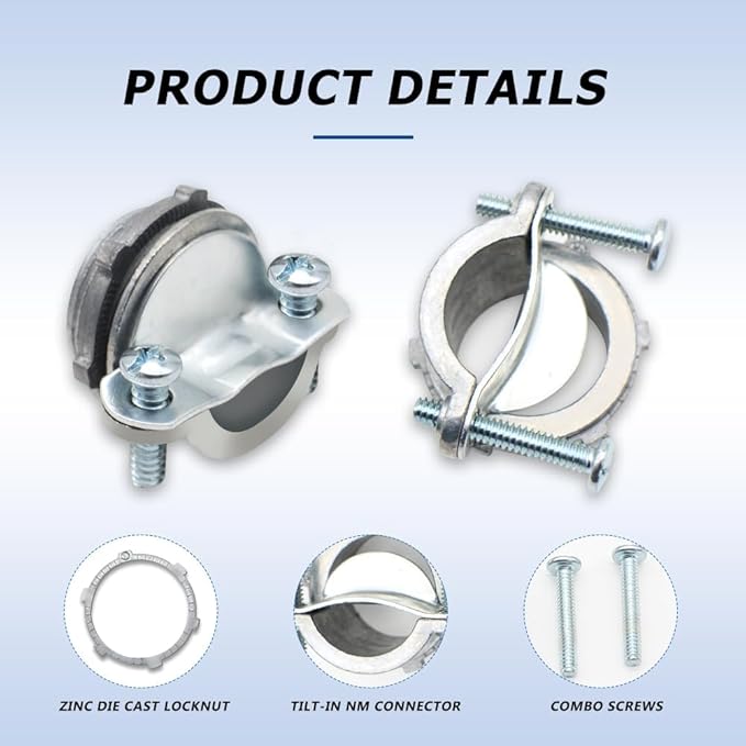 MAKERELE 4-Pack 3/8 Inch Clamp Type Cable Connectors - UL Listed - Premium Zinc Alloy - Clamp Connectors for NM Cable - Corrosion-Resistant Zinc Die-Cast