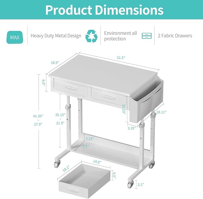 WINAZ Small White Portable Rolling Desk with Drawers & Storage Shelf, 32 Inch Mobile Standing Desk Adjustable Height with Wheels for Home Office, Kids Desks Couch Sofa Side Laptop Craft Table