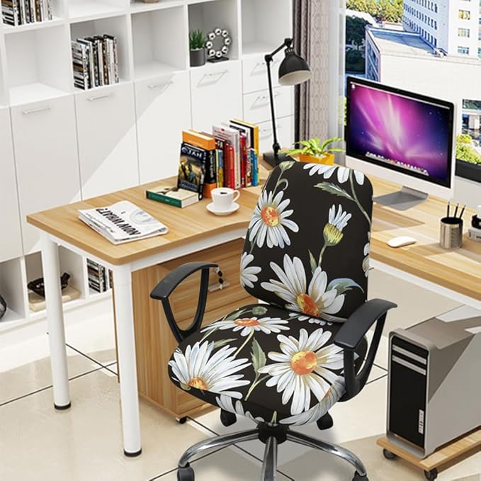 VIOKKO Office Chair Cover Stretchable Computer Desk Chair Seat Covers Anti-Dust Universal Split 2 Piece Rotating Swivel Chair Slipcover Protector (Wild Daisy)