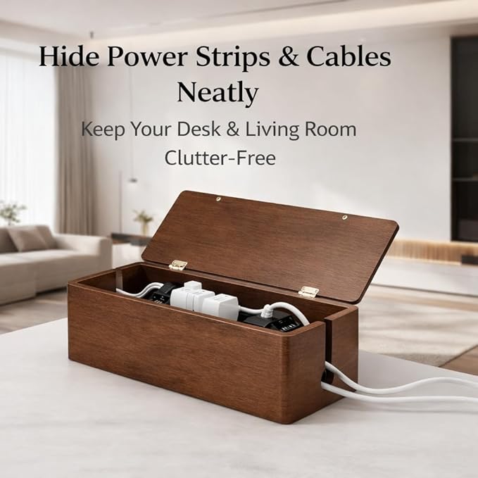 Tikora Real Wood Cable Management Box - Minimalist Home Office Decor - Walnut Finish Cord Organizer to Hide Wires & Power Strips - Spring Cleaning Essential for Desk & TV Stand - Safe for Pets & Kids
