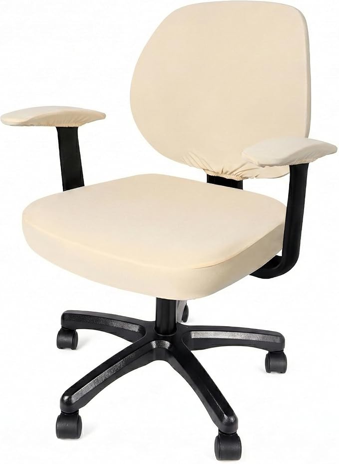 WOMACO Office Computer Chair Cover with Armrest Covers, Stretch Universal Rotating Rolling Desk Chair Slipcover, 4 PCS Stretchable Office Chair Seat Protector (Beige, with Armrest Covers)