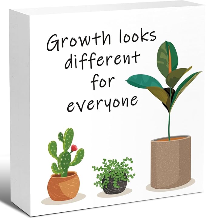 LVQHI Inspirational Wood Block Sign,Growth Looks Different for Everyone Plant Motivational Wooden Block Sign for Home Bedroom Office Desk Table Decor,Inspirational Gift for Coworker Friend 6x6 IN