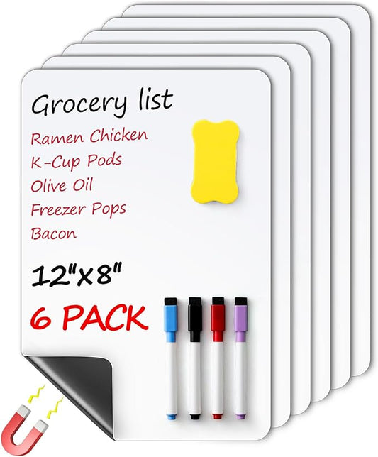 6 Pack Magnetic Dry Erase Board Sheet for Fridge, 12"x8" Erasable Refrigerator WhiteBoard w/ 4 Markers & 1 Eraser- Smooth and Flexible Small Magnet Blank Notepad for Home Kitchen Organizer and Planner
