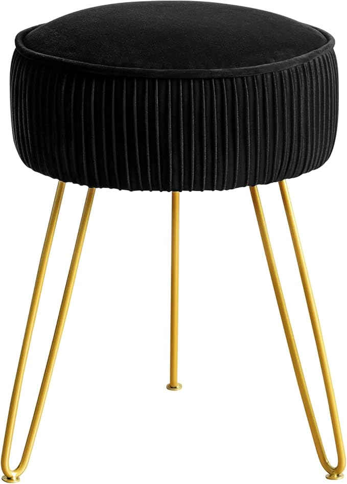 LUE BONA Pleated Vanity Stool, Velvet Upholstered Vanity Stool for Makeup Room, Ottoman Footrest with Metal Legs for Living Room, Bedroom, Black