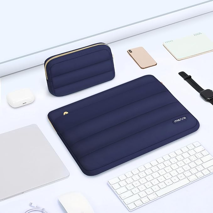 MOSISO Laptop Case 13.3 inch,13-13.3 inch Puffy Laptop Sleeve Compatible with MacBook Air 13.6 M5 M4 M3 M2 M1/Neo/Pro 13/14,HP Dell ASUS Lenovo,Polyester Horizontal Bag with Small Case, Navy Blue