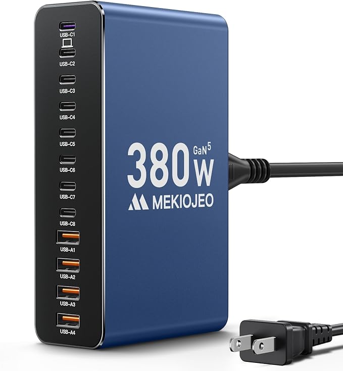 MEKIOJEO Aluminum Alloy 380W 12 Ports powerful USB C Charger Fast USB C Charging Station 65W Laptop GaN Charger for MacBook Pro/Air/iPad Pro/iPhone (Blue)