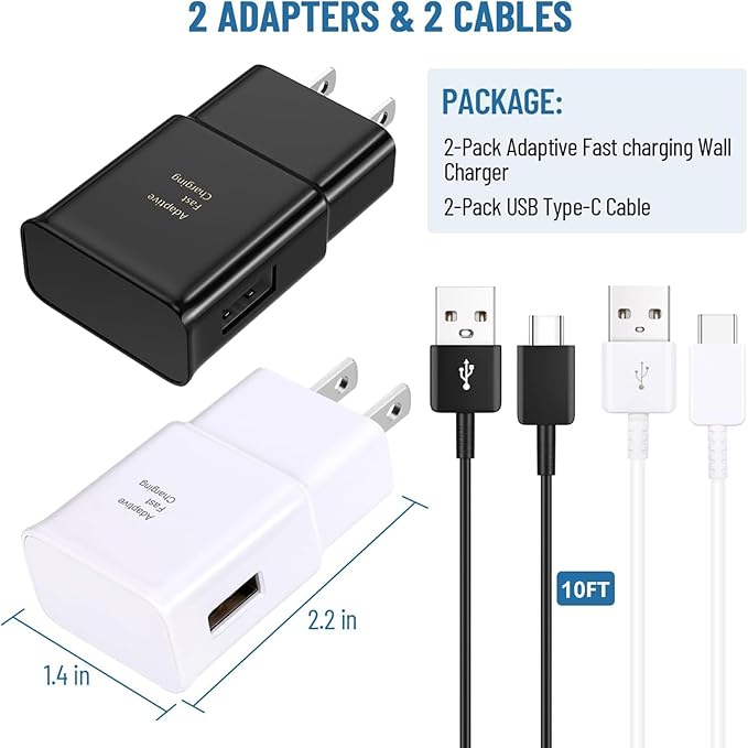 Type C Fast Charging USB Wall Charger Adapter & USB C Android Phone Charger Cable Cord 10ft for Samsung Galaxy S26/S25/S8/S9/S10/S20/S21/S21/S22/S22+/S22 Ultra/S23/S23Ultra/Note 8/9/10/20