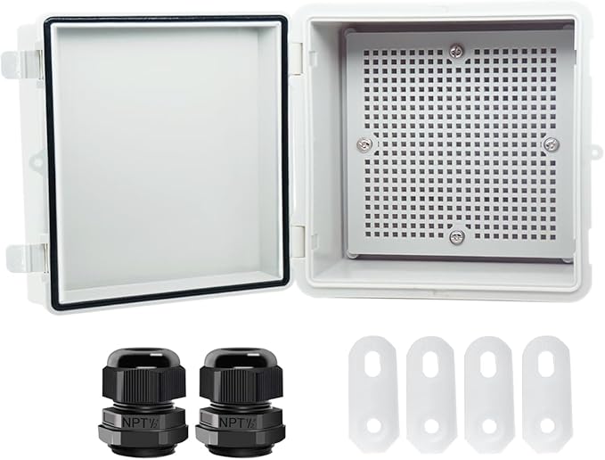 Junction Box, Hinged Cover IP67 Waterproof ABS Project Box with 2 NPT 1/2" Cable Gland, Electrical Box Enclosure with Mounting Plate & Wall Bracket 5.9 x 5.9 x 3.5inch(150x150x90mm)