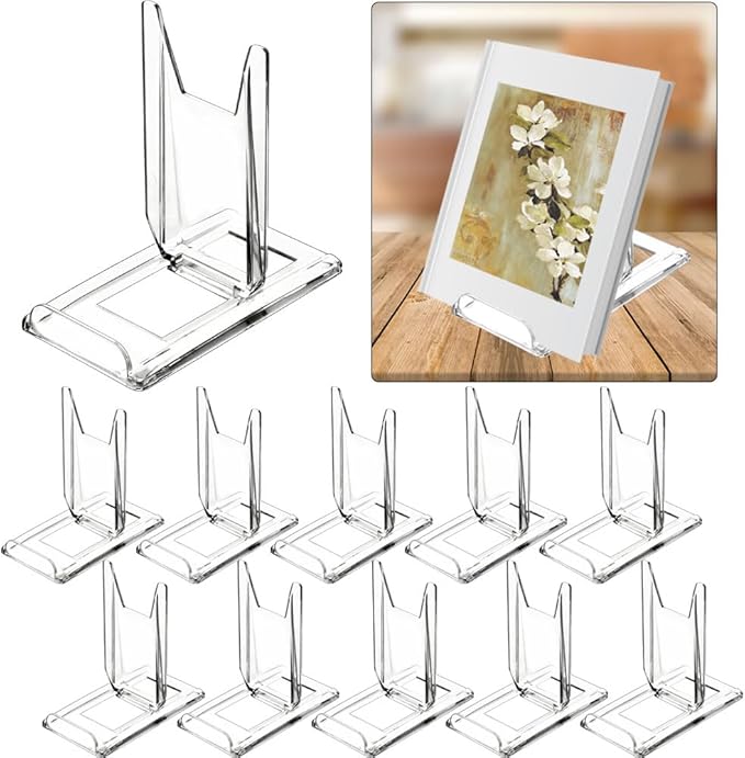 TERDEWE 10 Pack Acrylic Book Stand for Display Adjustable Clear Display Holder Easel Collector Stand for Home Office Back to School Comic Album CD Magazine Postcard Artworks (4.2 x 4.3 x 2.35 Inch)