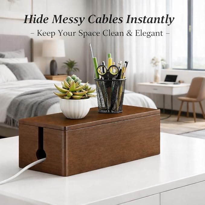 Tikora Real Wood Cable Management Box - Minimalist Home Office Decor - Walnut Finish Cord Organizer to Hide Wires & Power Strips - Spring Cleaning Essential for Desk & TV Stand - Safe for Pets & Kids