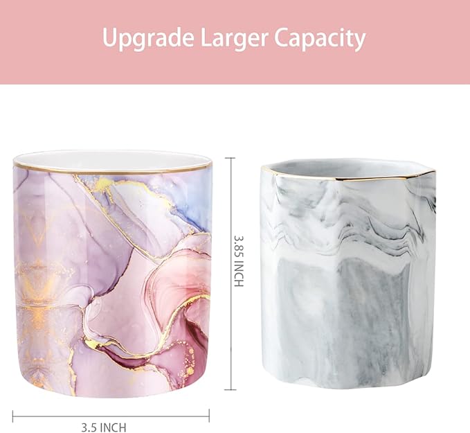 WAVEYU Pink Pen Holder for Desk, Premium Ceramic Pencil Holder Pen Cup Marker Holder Makeup Brush Holders, Desk Accessories & Workspace Organizers for Home, Office,Colorful Marble