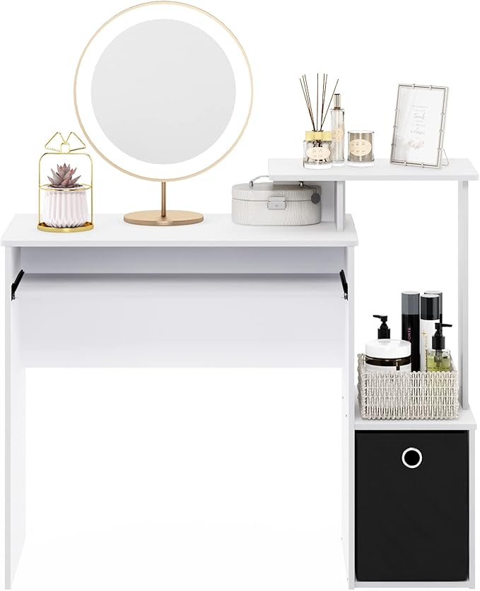Furinno ECON Desk, 40" Wide Gaming Desk with Keyboard Tray, Computer Desk, Office Desk with Side Shelves and Storage Bin for Home Office, Plain White
