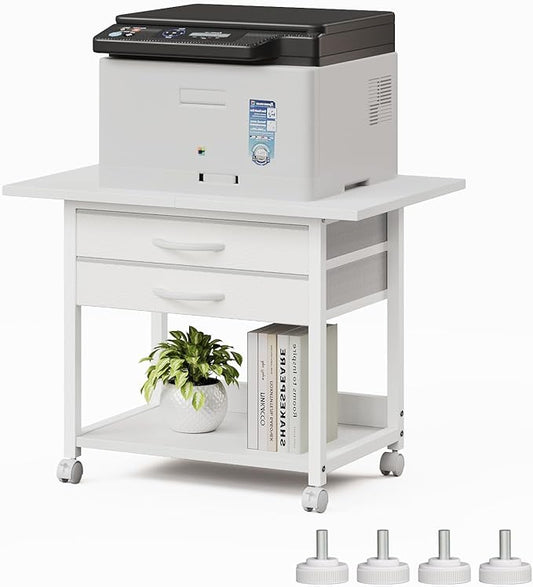 VENNQD Large Printer Stand with Storage Fabric Drawer Under Desk Printer Table with Wheels for Home Office, Printer Cart fit Fax Machine Scanner 23.4"x15.7" (White, 2 Tiers)