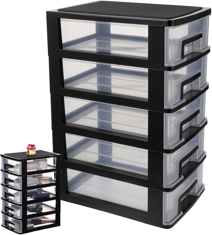 Angoily 5-Tier Plastic Drawer Storage Cabinet Portable Desktop Organizer for Office Study Cosmetics Sundries Holder 12.40X8.66X5.98In