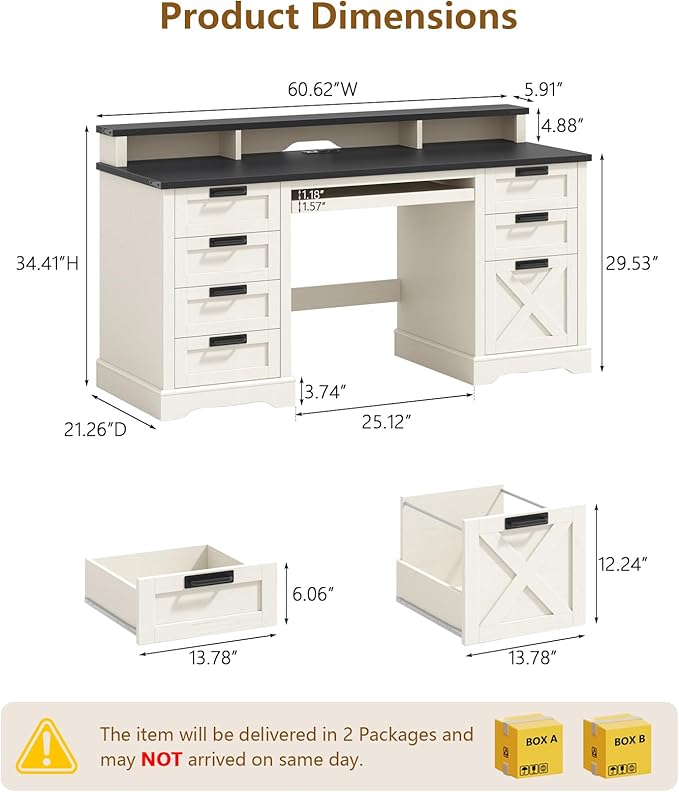 60" Farmhouse Executive Desk with 8 Drawers, Wood Computer Desk with Keyboard Tray and Charging Station, Home Office Desk Writing with File Drawer Fits A4 Size for Work and Study, White and Black