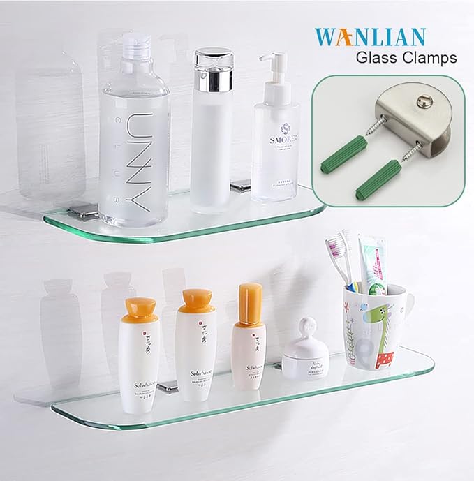 WANLIAN 8pcs Glass Shelf Brackets, Fits 3/8 inch Shelf, Wall Mounted, Brushed, Rectangle Medium