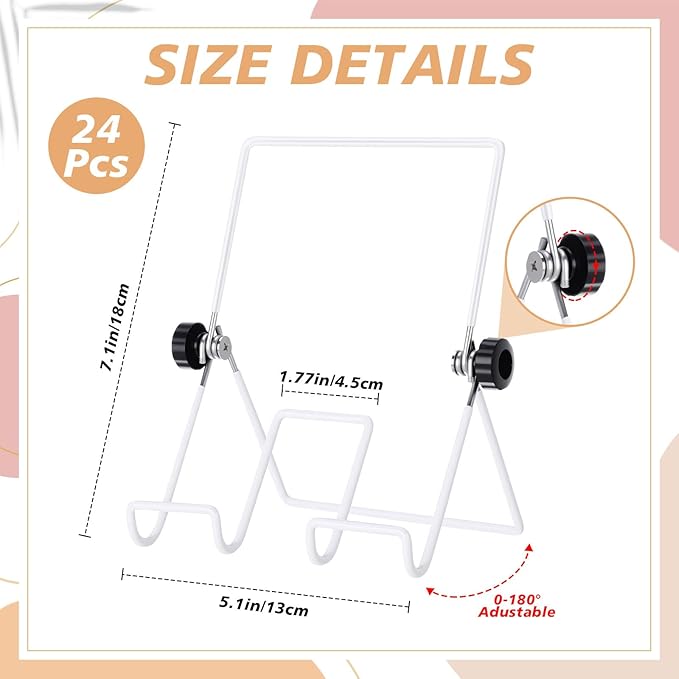 Kenning 24 Pack Adjustable Plate Stands for Display 7.1 Inch White Metal Foldable Easel Book Display Stands Bulk Decorative Plate Holders for Platter Frame Photo Tabletop Art(Four Corners)